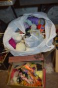 Basket and Two Boxes of Wool, Knitting Needles, et