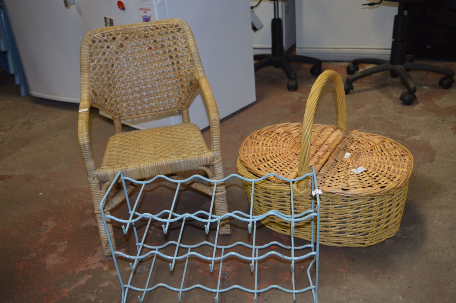 Childs Wicker Chair, Picnic Basket and a Wine Rack