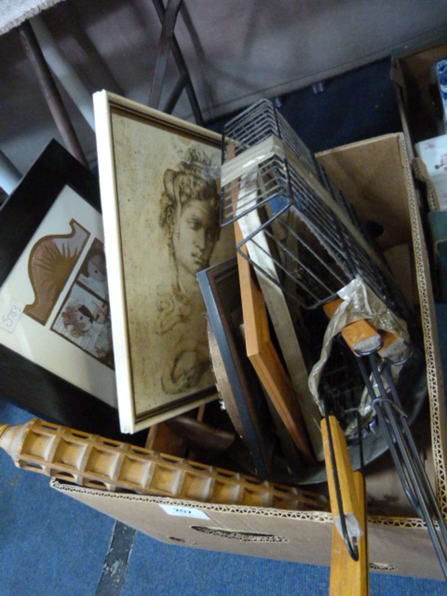 Box of Assorted Framed Prints, Waffle Irons, etc.