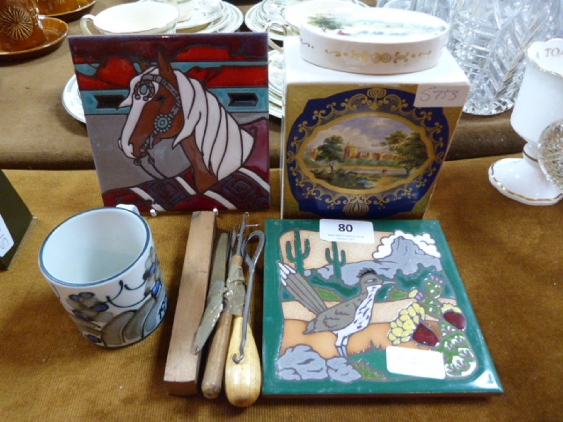 Two Decorative Tiles, Ginger Jar and a Royal Cauld