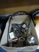 Box of Assorted Carriage Clocks, Tape Measures, et