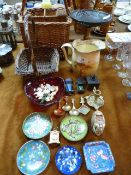 Mixed Lot of Wicker Baskets, Decorative Enamel Pin Trays and Jadeite Elephant Figures etc.