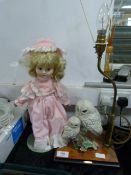 Table Lamp with Owl Decoration and a Doll