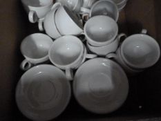 Box of White China Tea Cups & Saucers