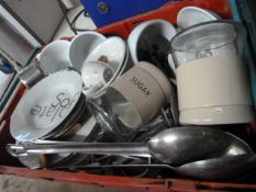 Box of Assorted Cup, Saucers, Bowls, Cutlery and K