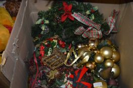 Box of Assorted Christmas Decorations Including Wr