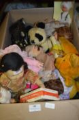 Box of Assorted Dolls, Teddy Bears, Cars, etc.