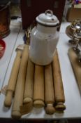 White Enameled Metal Milk Can and Seven Rolling Pi