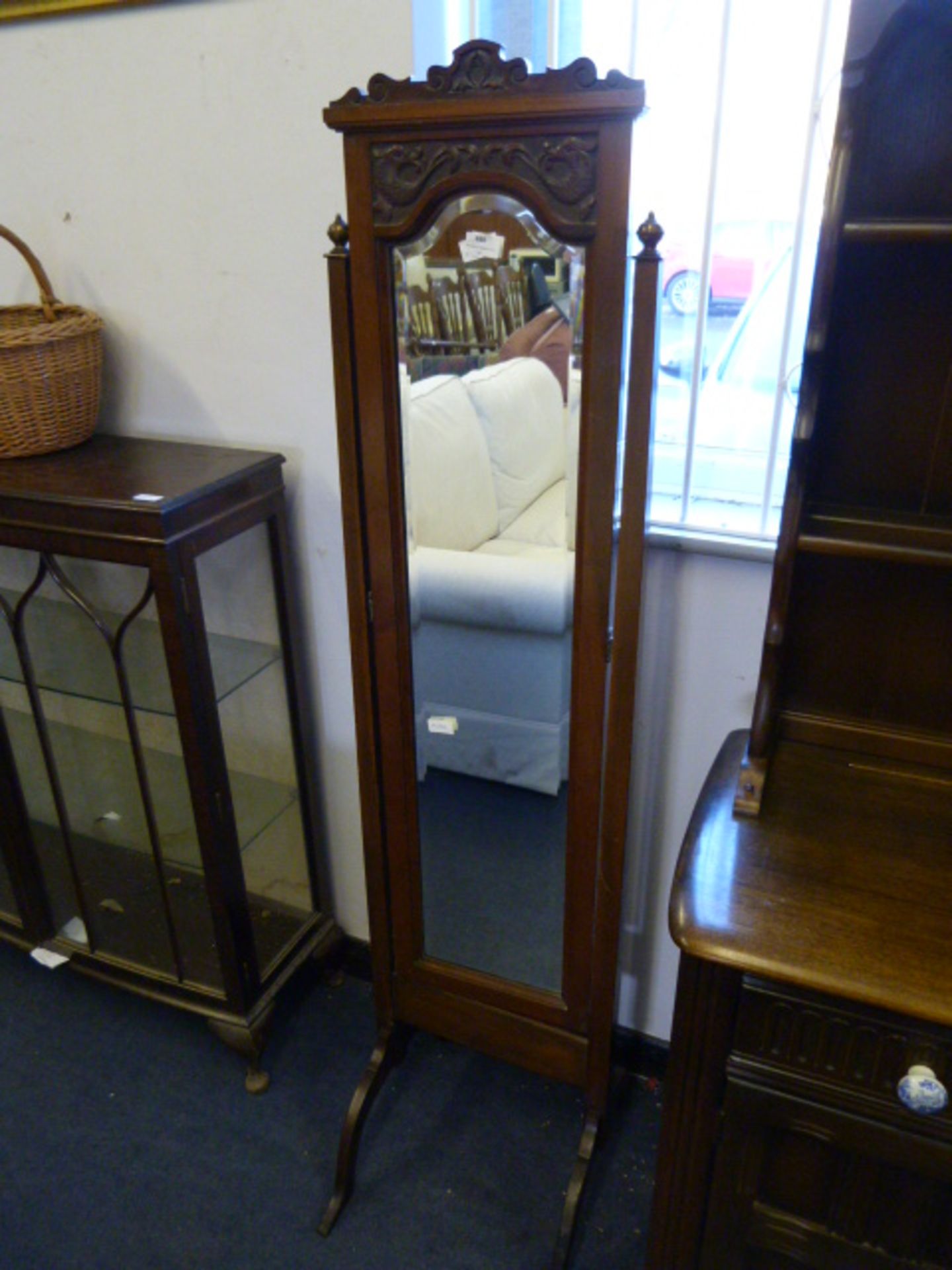 Mahogany Framed Cheval Dressing Mirror with Carved