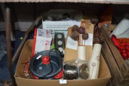 Box Containing Slow Cooker, Vases, Steam Iron, Can