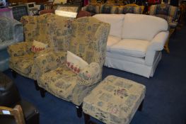 Pair of Floral Pattern Wingback Armchairs with Foo