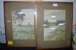 Pair of Framed Watercolours - Country Scenes by J.