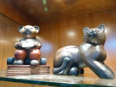 Pair of Carved Wood Figures - Cat and Teddy Bear