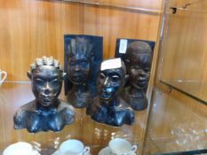 African Carved Hardwood Bookends and Two Busts