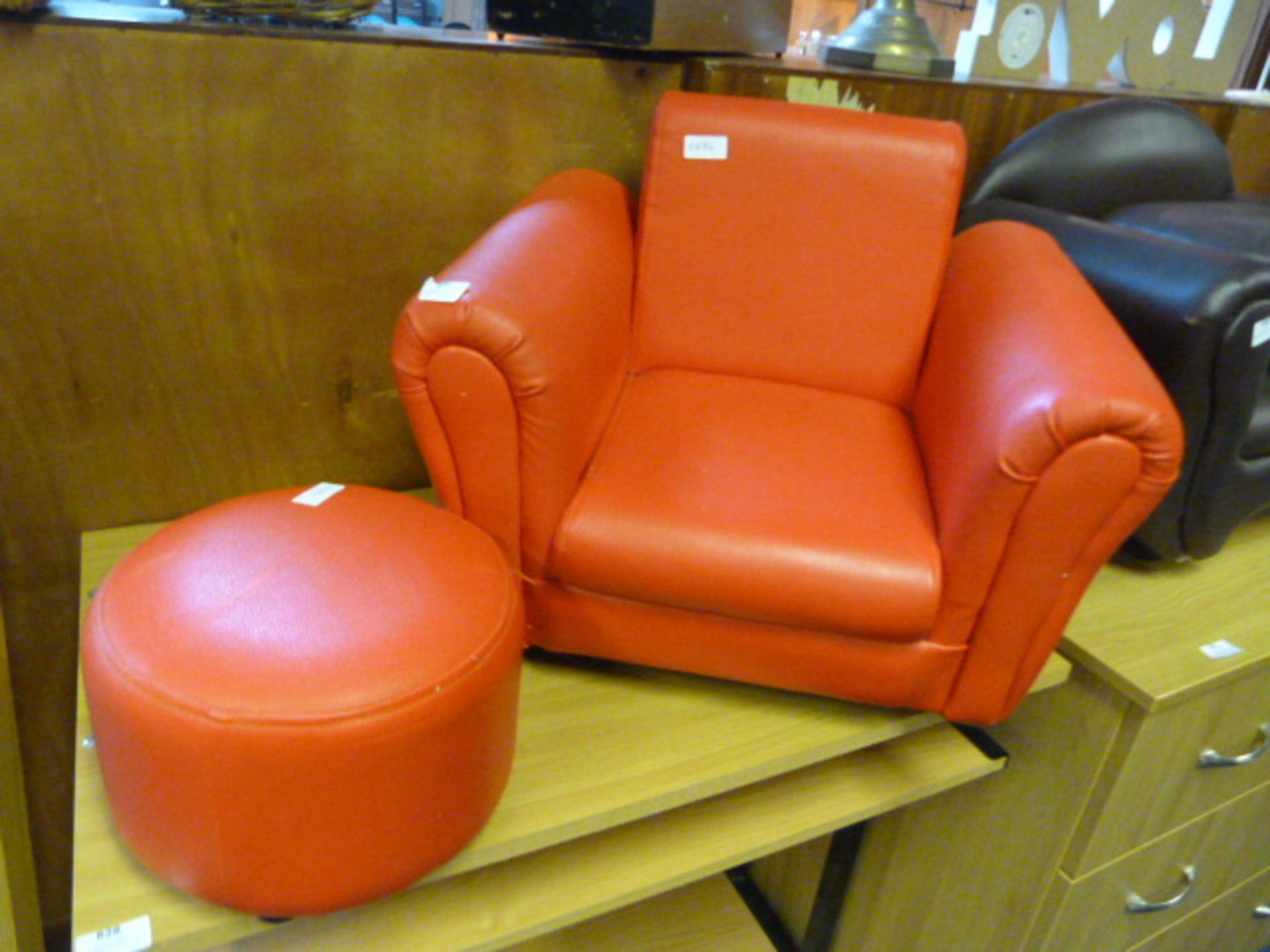 Red Vinyl Child's Armchair with Footstool