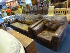 Brown Leather Three Piece Suite; Three Seat Sofa a