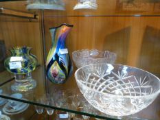 Colored Glass Vases and Two Fruit bowls