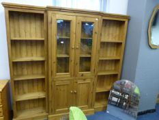 Pine Bookcase with Central Glass Doors and Cupboar