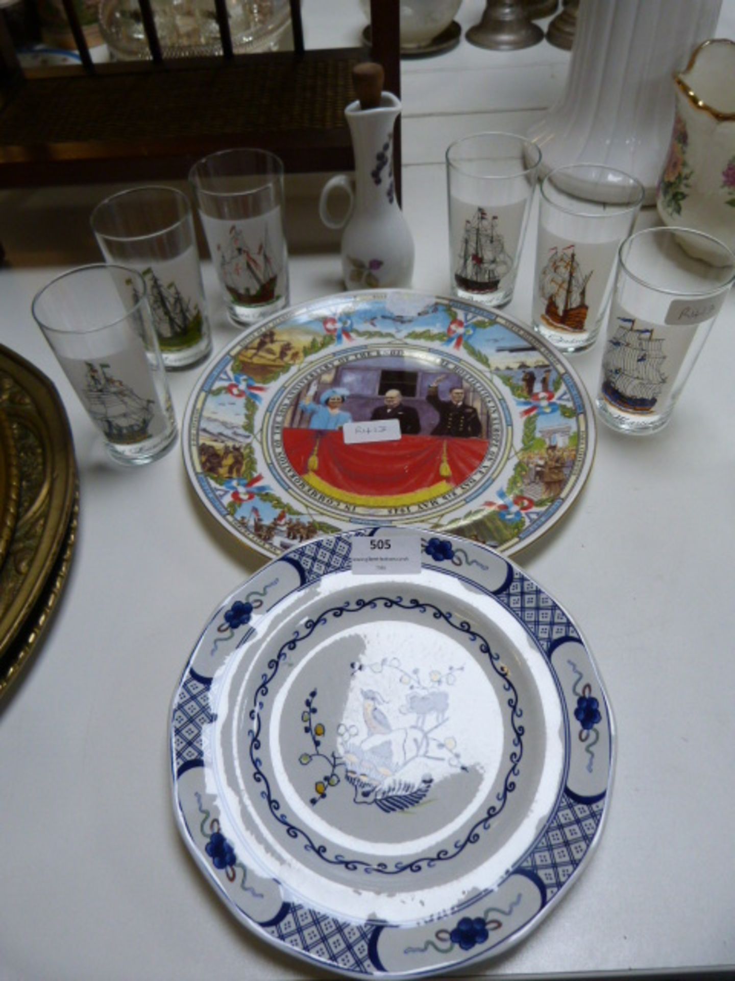 Royal Worcester 50th Anniversary VE Day Commemorative Plate, Six Ship Glasses, etc.