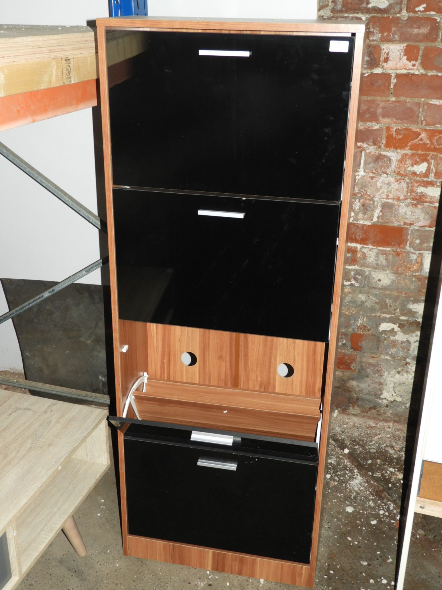 *High Gloss Black & Cherry Wood Shoe Cabinet