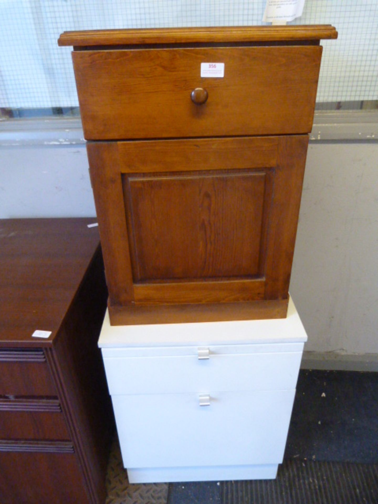 One Pine and One White Melamine Bedside Cabinets