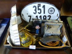Box Containing Vintage Oil Can, German Number Plat