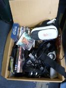 Box Containing DVDs, Itech VR Headset, Headphones,