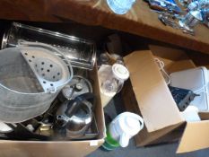 Two Large Boxes of Kitchenware, Steam Pans, Kettle