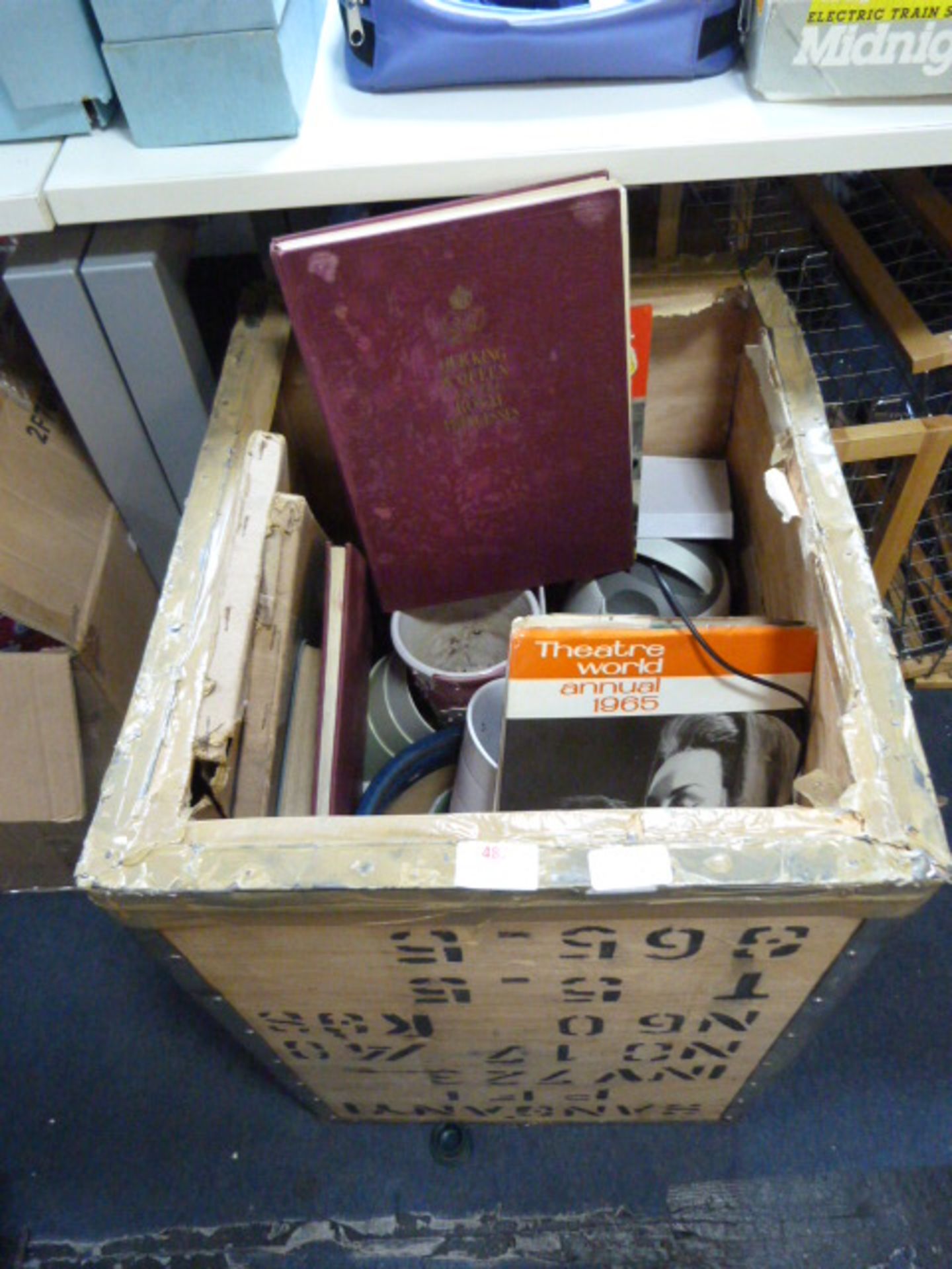 Tea Chest and Contents of Kitchenware, Kettle, Pla