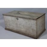 A late 19thC pine tool box, of rectangular outline with overhanging lid, 48cm high, 100cm wide, 48cm