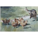 •Terry Shelbourne (b1930). Alsatian Herding Chickens, watercolour, signed, dated '97, 22cm x 30cm.