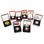 Various coins and medallions, a commemorative gold plated Sven-Goran Eriksson medallion, 5cm dia.
