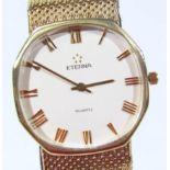 A gentleman's Eterna wristwatch, with 9ct gold case and strap, the 3cm wide octagonal face with