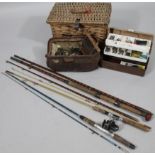 Various fishing equipment, to include an early 20thC wicker style creel, a Gladstone bag, 37cm wide,