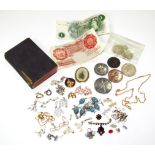 A quantity of jewellery and coinage, to include modern costume jewellery, a memorial gilt framed