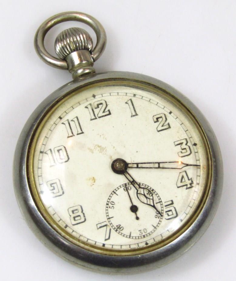 A mid 20thC war issue chrome plated open faced pocket watch, the 5cm dia. dial, with Arabic numerals