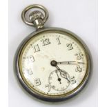 A mid 20thC war issue chrome plated open faced pocket watch, the 5cm dia. dial, with Arabic numerals