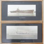 A 20thC photograph of HMS Ark Royal, and another, HMS Ajax, 17cm x 37cm, each glazed and framed. (