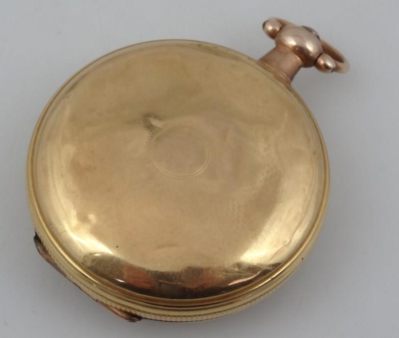 An 18ct gold open faced pocket watch, the fancy Arabic dial with gilt coloured back plate and - Image 3 of 3