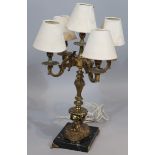 A 20thC rococo style four branch table lamp candelabrum, with modern fittings, shaped inverted stem,