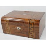 A 19thC walnut Tunbridge style jewellery casket, the domed lid set with a (vacant) diamond mother of