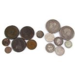 Various coins George III and later, 1797 cartwheel penny, 4cm dia., another, 1821 crown, another,
