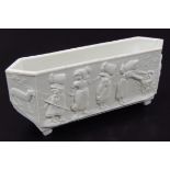 A Sowerby milk glass planter style vase, raised with figures of children and bird's nest, with