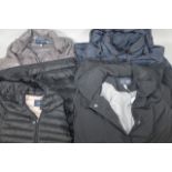 Four various AJ Armani Jeans jackets, puffer style, various colours, black, etc, to include size