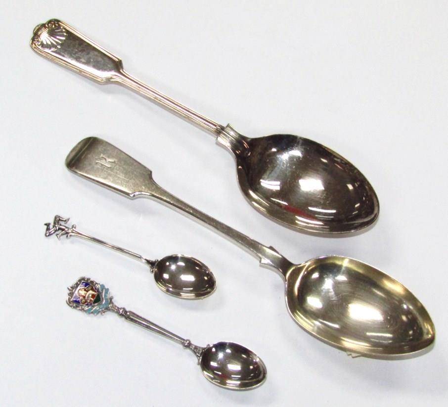 A late Victorian silver tablespoon, Fiddleback pattern, crested, Sheffield 1898, 20cm wide, an