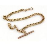 A gold plated Albert watch chain, with T-bar and hook end, 33cm wide.