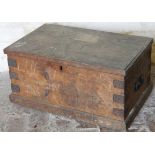 A 19thC pine box, with metal corner supports and handles on plate backs, initialled WGR, 30cm