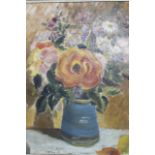 20thC School. Still life, vase of summer flowers on a table, oil on board, unsigned, attributed
