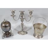 Various silver plate, comprising a three branch candelabrum, plated egg warmer with swan finial
