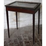 A late Victorian mahogany bijouterie cabinet, the rectangular glazed top raised above square